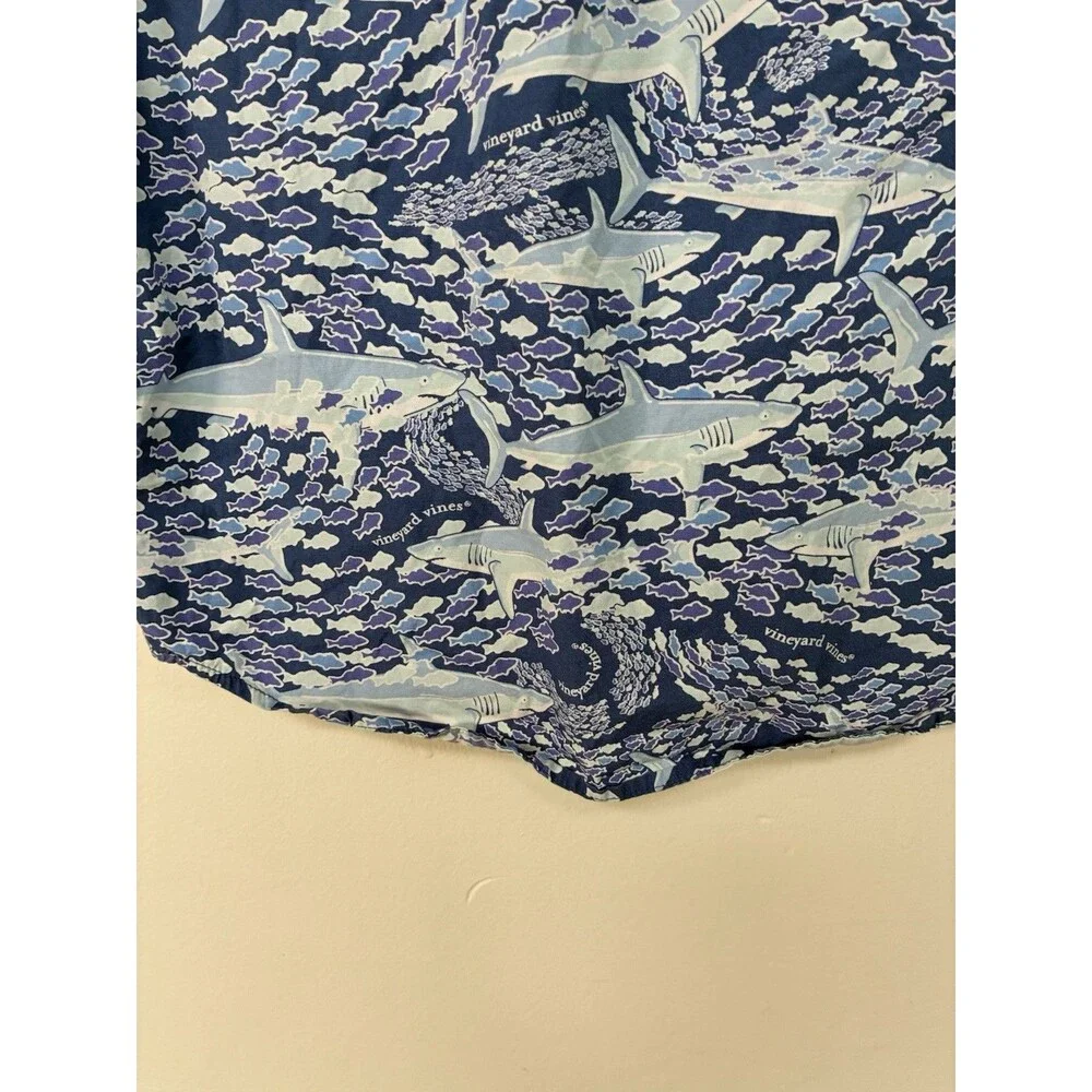 Vineyard Vines Boys Sz Medium 8/10 Collard Button Up With Sharks & Fish